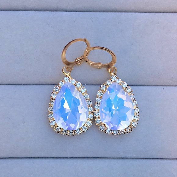 White Opal Aurora Borealis + Gold Pear Crystal Halo Drop Earrings - Picture 5 of 6